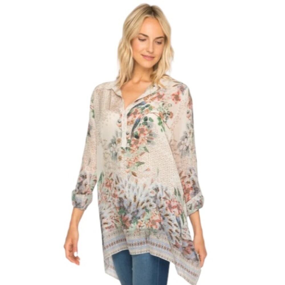 Johnny Was Floral Bird Print Tunic Blouse Women Size XS